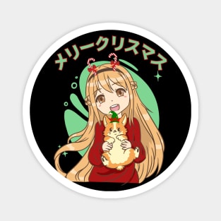 Kawaii Anime Blonde Girl And Corgi Christmas Magnet